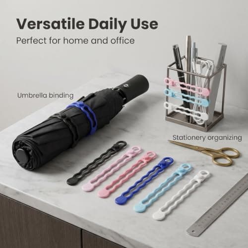 Reusable Cable Ties, 12 Pcs Silicone Cable Ties Elastic with Secure Buckle, Washable 6 Colors Adjustable Lightweight Portable Cord Organizer for Earphone Phone Charger Computer Data Cable Management — view 5