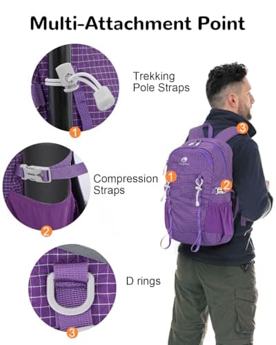 Outplea Small Hiking Backpack Waterproof, 20L Travel Daypack Lightweight Women Men, Sports Rucksack for Camping Walking Cycling, Purple — view 4