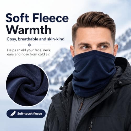 2 Pcs Winter Fleece Neck Warmer, Snoods for Men Women, Bandana Face Covering Mask, Windproof Thermal Neck Gaiter Scarf for Motorcycle Running Skiing Cycling Outdoor Sports(Black and Navy Blue) — view 3