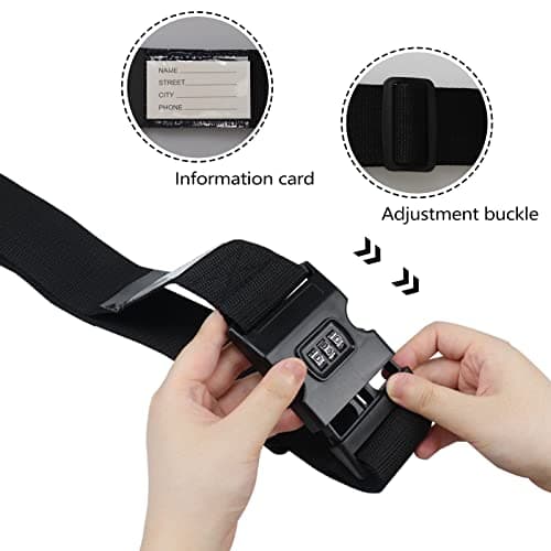 Luggage Strap, 2pcs Suitcase Straps with Password Lock Information Card, Adjustable Travel Packing Accessories Suitcase Belts with Buckle (Black, 2 PCS Set) — view 4