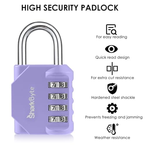 SharkByte Heavy Duty Combination Padlock – 4-Digit Weatherproof Outdoor Lock with Stainless Steel Shackle, Anti-Rust Resettable Code for Gym, School, Locker, Shed, Toolbox, Gate & Warehouse - Purple — view 4