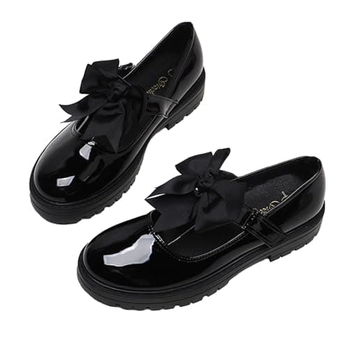 Gizelle® Girls Patent Black Mary Jane School Shoes with Detachable Bow On Strap - Toddler Kids Back to School Comfortable Anti-Slip Uniform Flat Shoes UK-8uk — view 3