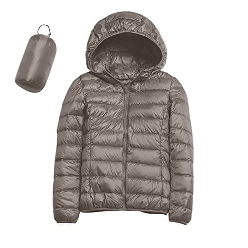 Womens Winter Lightweight Puffer Jacket with Hood Warm Short Packable Women Quilted Jacket Transitional Padded Down Jacket for Ladies Lined for Hiking Travel Plus Size Thin Jacket Down Khaki