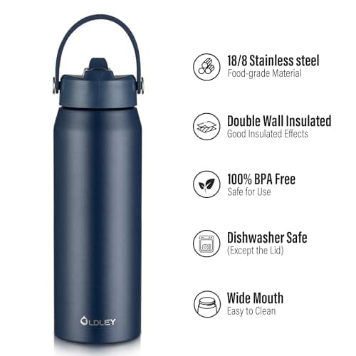 OLDLEY 750ml Insulated Water Bottle with Straw, Stainless Steel Water Bottles with Handle, Leakproof BPA Free Vacuum Metal Flask Keep Hot and Cold for Sports, Travel, Hiking (Navy Blue) — view 5