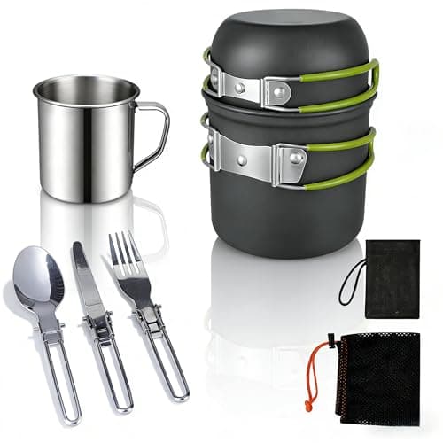 Camping Cooking Set for 1-2 Person, Non-Stick Aluminum Pot and Pan Lightweight Backpacking Cookware Kit with Foldable Utensils for Outdoor Hiking Trekking Traveling Picnic