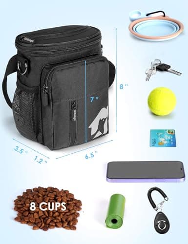 Gobeigo 8 Cup Dog Treat Pouch and Training Clicker, Dog Walking Bag with Phone Holder, Built-in Poop Bag Dispenser, 3 Ways Wearable Pet Fanny Pack for Outdoor Travel(Gray & Black) (Black) — view 5