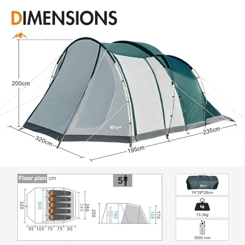 Portal Luxury 5 Man Tent 3000mm Waterproof Large Family Tent with Living Area 4-5 Persons Camping Tall Standing up Height with Fully Sewn-in Groundsheet Extendable Awning Canopy Tunnel 4 Season — view 6