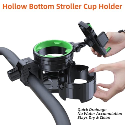 4-in-1 Universal Cup Holder for Stroller, Bicycle, Wheelchair & Shopping Cart | 360° Rotatable, Anti-Slip Silicone Grip Spill-Proof Design | Adjustable Single/Double Cup and Phone Holder【Green】 — view 5