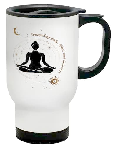 Shopagift Meditation Yoga Travel Mug Connecting Body Mind & Universe Stainless Steel 14oz Cup