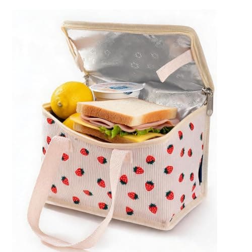 TEAMOOK Foldable Lunch Bag Insulated Lunch Box Water-Resistant Leakproof Soft Cooler Bag 8-10 cans Beige Strawberry — view 5