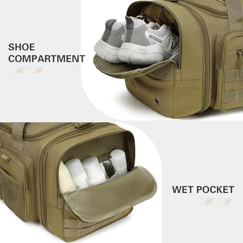 Tonruyn Tactical Duffle Bag Backpack for Men 40-45L Expandable Military Travel Duffel & Sports Holdall Gym Bag with Shoe Compartment Wet Pocket Medium Weekender Overnight for Camping Luggage, Brown — view 4