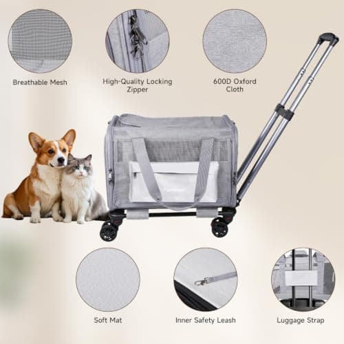 Pet Carrier with Wheels Airline Approved for Cats & Dogs, Anti-Scratch Mesh — view 3