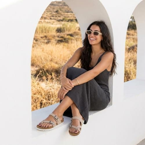 CUSHIONAIRE Lucky 100% Genuine Leather Suede Womens Sandals, Comfortable Cork Footbed Slides for Women with Adjustable Buckles, Stone, 5.5 UK Wide — view 6