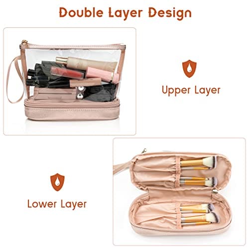 Clear Makeup Bag with Brushes Compartment Travel Toiletry Bag Rose Gold — view 3