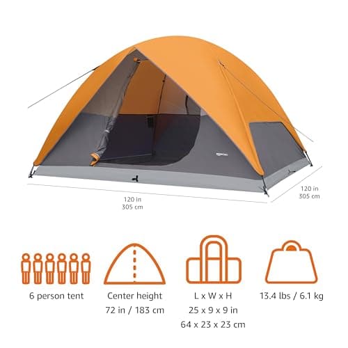 Amazon Basics Dome Camping Tent with Rainfly and Carry Bag, 3-Season Easy Set-Up Tent, 6 Person, Orange And Grey — view 5