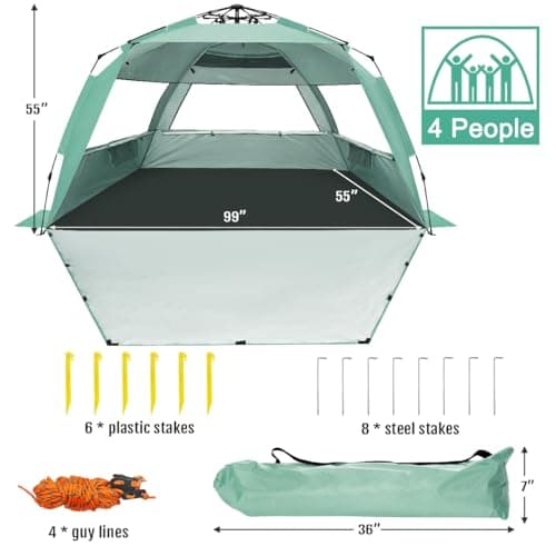 WhiteFang Deluxe XL Pop Up Beach Tent Sun Shade Shelter for 3-4 Person, UV Protection, Extendable Floor with 3 Ventilating Windows Plus Carrying Bag, Stakes, and Guy Lines — view 6