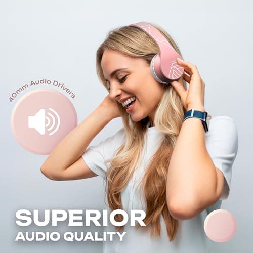 PowerLocus Bluetooth Headphones Over Ear, Bluetooth Headphone Rose Gold, Wireless Headphones Foldable, Hi-Fi Stereo, Soft Memory Foam Earmuffs, Built-in Mic & Wired Mode for iPhone,Android,PC,Laptops — view 2