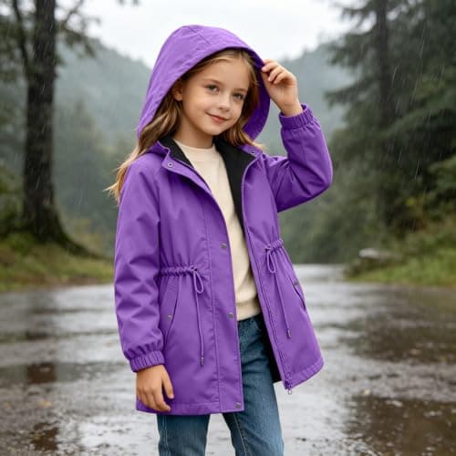 Purple Girls Waterproof Jacket Windproof Hooded Raincoat Outdoor 9 Years — view 3