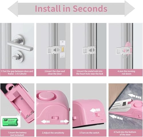 Portable Door Lock & Door Stop Alarm Set, Dual Protection Home Security Door Kit, Travel Hotel Lock Devices Pocket Self Defensey Tools for Traveling Hotel Home Apartment (Pink) — view 6