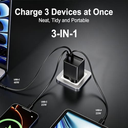 PowerTravel UK 65W USB C Charger, Retractable Cable, 3 in 1, GaN, 0.7m (Black) — view 2