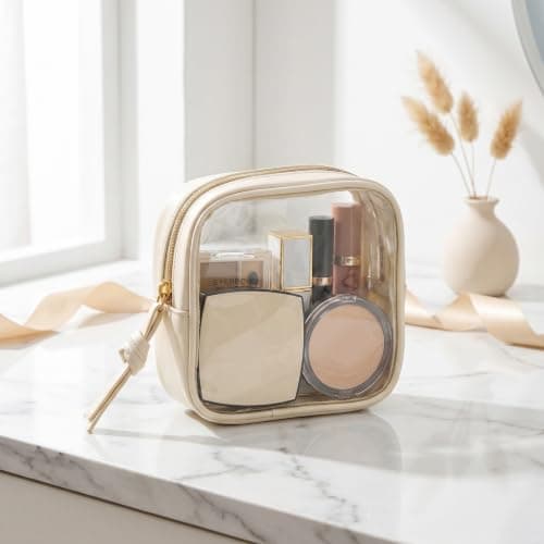 Clear Makeup Bag for Handbag, Small Makeup Bag for Women, Mini Makeup Bag, Waterproof Cosmetic Pouch, Travel Toiletry Organizer with Handle, Beige and Black — view 2