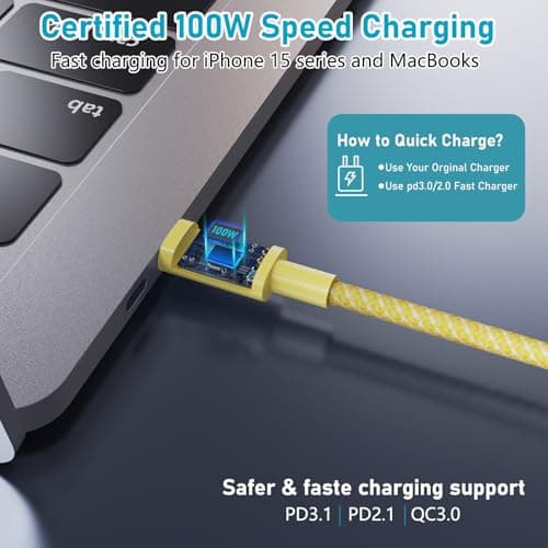USB C to USB C Cable, 1M 100W Nylon Braided Charger for iPhone 16/16 Plus/16 Pro Max/15/15 Plus/15 Pro Max, MacBook Pro, iPad Pro Air, Samsung S24/S24 Ultra/S23 USBC-Yellow — view 4