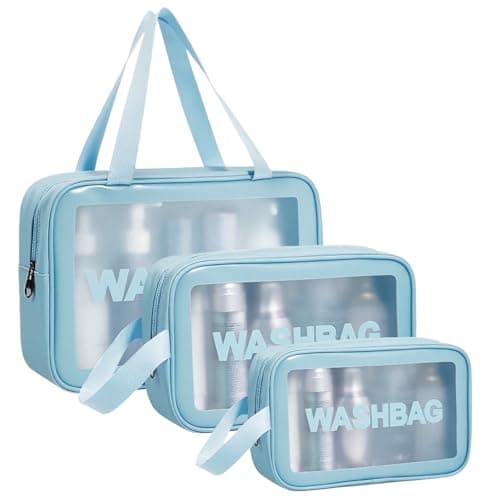 Aucuu 3PCS Clear Toiletry Bag, Wash Bag, Clear PU Makeup Bags, Waterproof Toiletry Travel Bags with Zipper Handle, Portable Airport Cosmetic B-ag for Travel Bathroom Men Women(Blue)