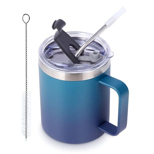 Volhoply 12oz Insulated Leakproof Coffee Mug with Sliding & Straw Lid,Double Wall Vacuum Stainless Steel Travel Tumbler Cup with Handle,Reusable Camping Mugs Keep Cold/Hot(Dark Night,1 Set)
