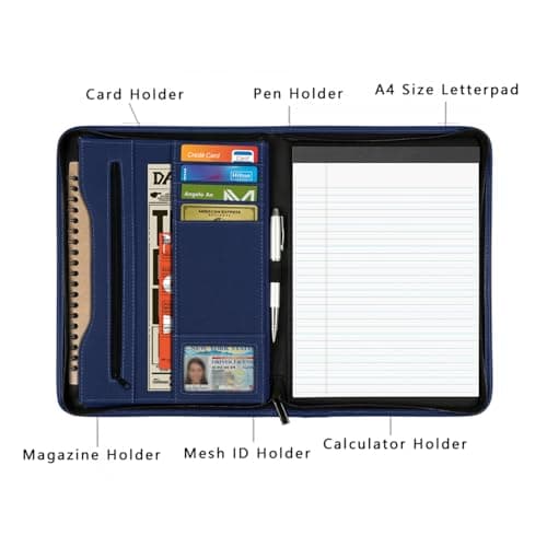 Gorbado Zippered Portfolio Organizer/ A4 Refillable Lined Writing Notepad Folder Case/Fabric-Covered Padfolio Binder with Interior Storage Pocket for Men Women, Navy Blue — view 3
