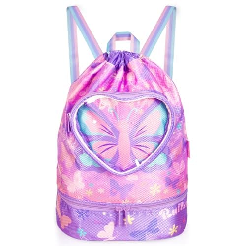 PinkSheep Swimming Bag for Kids, Gym Drawstring Backpack for Girls Boys - Waterproof Beach Bags with Shoes Compartment and Wet Proof Pocket for Swimming Pool Beach Travel School (Butterfly)