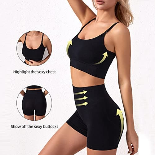 Generisch Sports Set Women's Yoga Outfit Set Women's Training Sets Tank Top 2 Pieces Seamless High Waist Fitness Outfit Yoga Shorts Sets, black, M — view 3