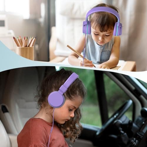 Kids Headphones Wired,On-Ear Wired Headphones for School,Safe Volume Limited 85/94dB,HD Mic Stereo Sound Girls Boys Wired Headphone for Kids,Foldable Headset for Travel Computer Plane Tablet (Purple) — view 2