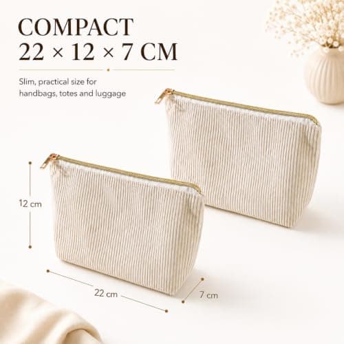 2 Pack Beige Corduroy Makeup Bags - 22x12x7cm Small Cosmetic Pouch Set with Metal Zip for Handbag Travel Toiletries Daily Storage — view 3