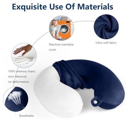 URAQT Travel Pillow, Memory Foam U Shaped Neck Pillow, Blue — view 3