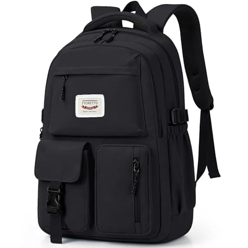 FIORETTO Lightweight School Backpack Womens, Cute School Bag for Teenager Girls, 15.6 Laptop Rucksack Backpack for School Casual Daypacks Travel Backpack for College Work Black 25L