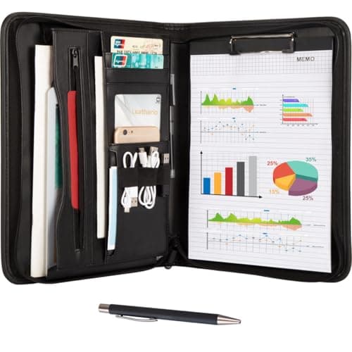 Leathario Portfolio Folder A4, Conference Folder with Notepad, Vegan Leather Travel Document Holder with Pockets for Tablets Notepads Files, Document Organiser, Office Supplies
