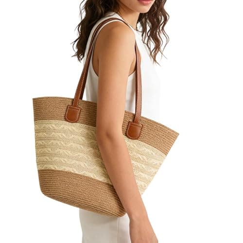 Pahajim Straw Tote Bags for Women with Zip Woven Raffia Handbag Brown — view 2