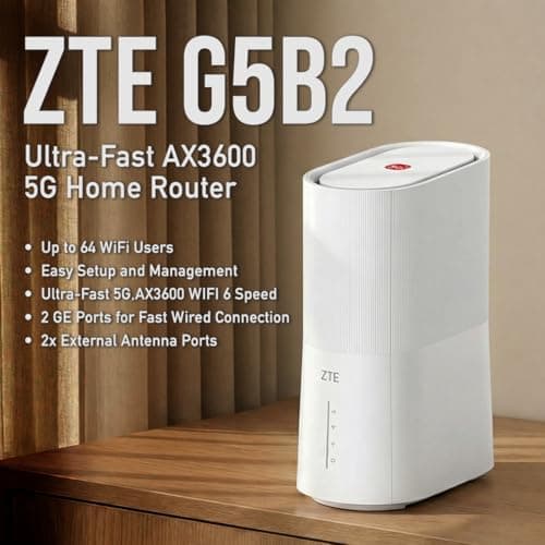 ZTE G5B 2 5G WiFi 6 Router AX3600, Dual Band 2.4GHz/5GHz, High-Gain Antennas + 2 External Ports, 5G NR SA/NSA, Gigabit Ethernet, Unlocked CPE, Up to 64 Devices — view 2