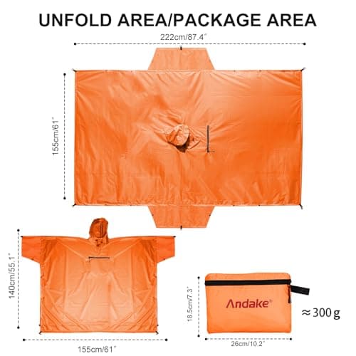 Andake Rain Poncho Lightweight Raincoat Unisex Rain Jacket with Waterproof Hood for Camping, Hiking, Outdoor Activities (Orange) — view 6