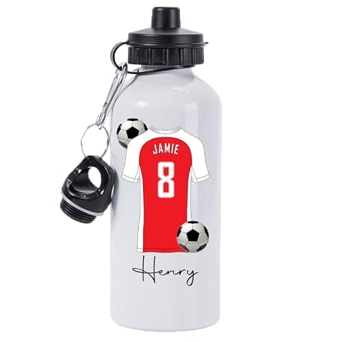 Pickhut Personalised Football 600ml White Aluminium Sports Water Bottle Back to School Gift for Kids, Customised with Name/Number/Text with Football Shirt Red & White Jersey Kit (D3)