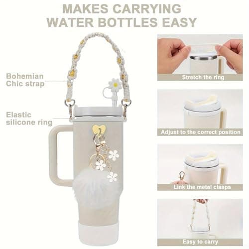 CWOQOCW 7PCS Silicone Cup Strap Set Designed for 30 Ounce and 40 Ounce For Water Bottles with Wool Ball Pendant for Enhanced Portability (white) — view 3