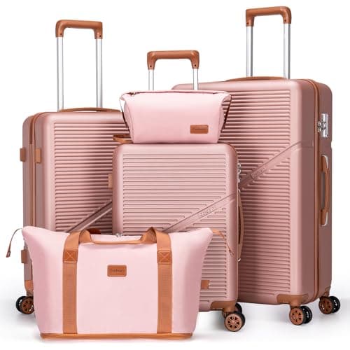 Cosbarn Luggage Sets 5 Piece with TSA Lock Spinner Wheels, Unisex Hard Case ABS Suitcase Set (Rosegold)