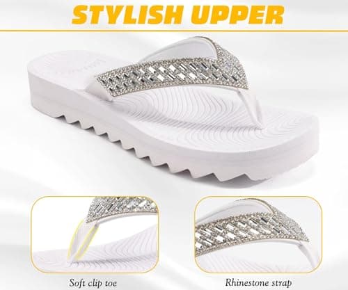 KuaiLu Womens Orthotic Flip Flops with Arch Support Yoga Mat Cushion Fashion Rhinestone Sandals Summer Walking Beach Travel Thong Slides Comfy Plantar Fasciitis Outdoor Sandle Silver White 5 — view 4