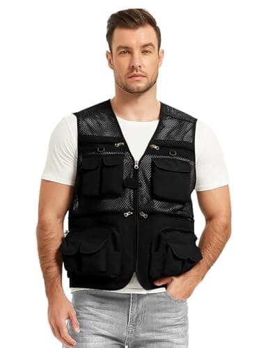 Flygo Men's Fishing Vest Utility Lightweight Outdoor Travel Safari Photo Cargo Vest with 16 Pockets, Black-mesh, XS — view 2