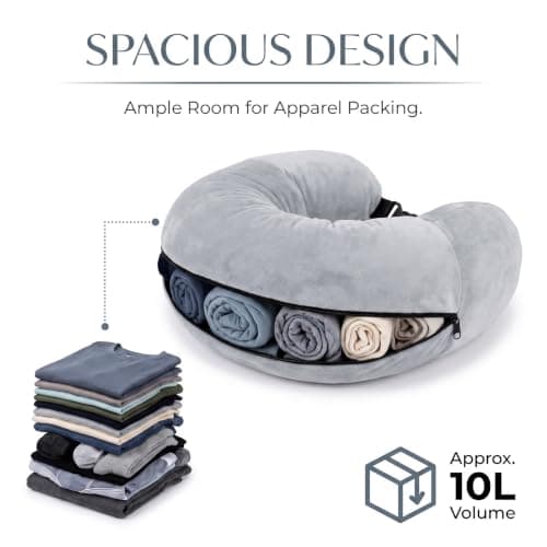 starfa lab Fillable Neck Pillow for Travel, Fillable U-Shaped Pillow with Adjustable Straps, Stuff Clothes for Extra Storage, Portable Travel Essentials for Airplane, Train and Car (Grey) — view 4