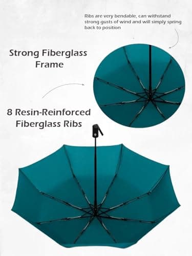 Windproof Travel Umbrella - Compact, Light, Full Automatic Open/Close - Folding Backpack Umbrella for Rain & Sun UV Preotection For Men & Women, Unbreakable 8 Fiberglass Ribs UK Design (Teal) — view 3