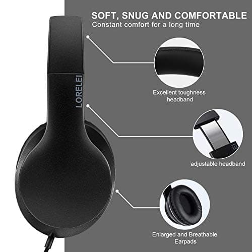 LORELEI X6 Over-Ear Headphones with Microphone, Lightweight Foldable and Portable Stereo Bass Headphones with 1.45 m Tangle-Free, Wired Headphones for Smartphone Tablet MP3/4 (Space Black) — view 4