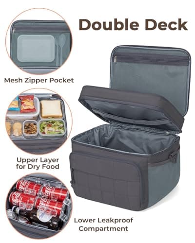 Puffer Cooler Bag 32 Cans Insulated Soft Sided Cooler Double Deck Collapsible Lunch Box for Picnic, Beach, Hiking, Camping, Work, Travel (Grey) — view 2