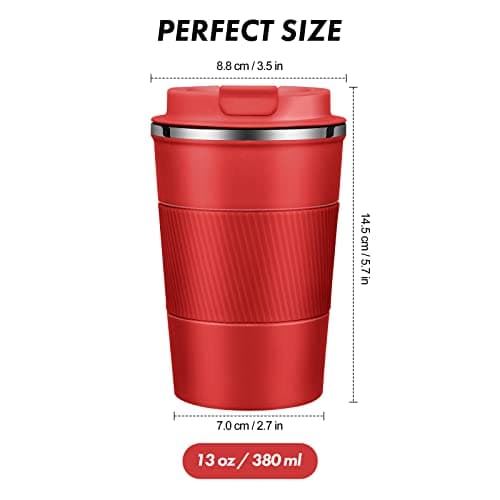 EALLEN Travel Mug with Leakproof Lid,Insulated Reusable Coffee for Hot&Cold Drinks/Tea,Portable Stainless Steel Thermal Takeaway Cup Car/Outdoor/Picnic/Office/School (Red) — view 2