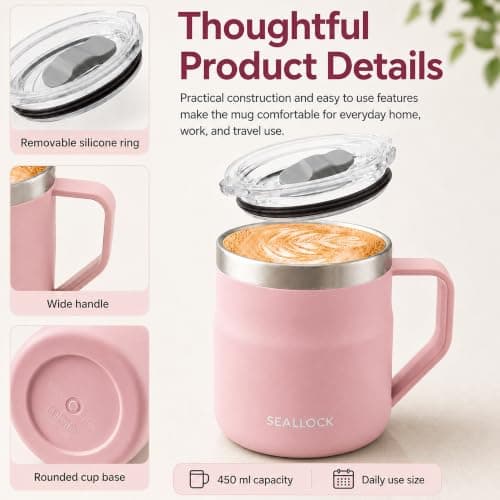 SiHuiTu 450ml Insulated Stainless Steel Coffee Mug with Lid & Handle(Pink) — view 3